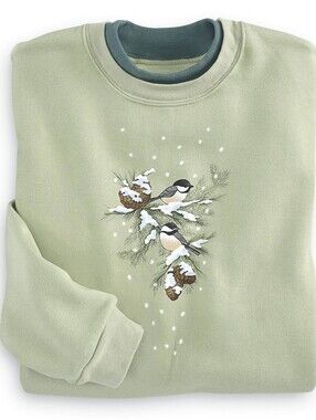 NWT! Country Store Chickadees and Pinecones Sweatshirt, Crewneck, Contrast Inset